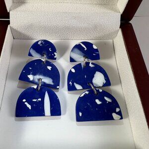 Blue & White Abstract Dangle Earrings Handmade Polymer Clay Statement Jewelry